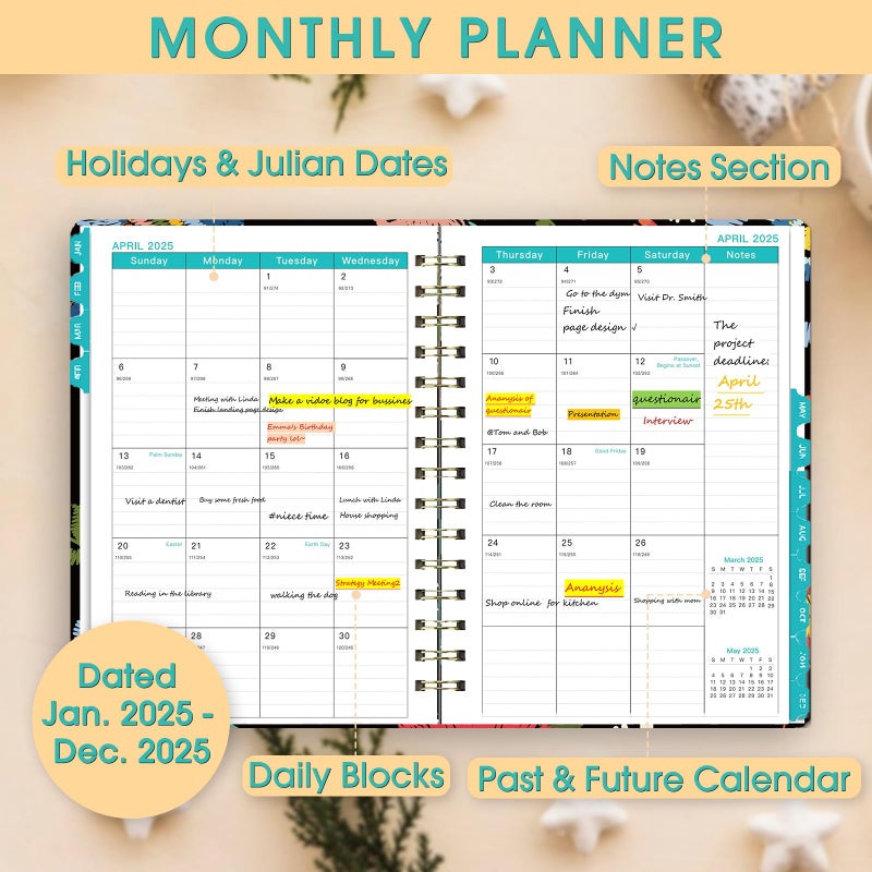Ymumuda 2025 Planner, 12-Month Daily Weekly Monthly Planner from JAN.2025 to DEC.2025, 8.4"" X 6"", Spiral Planner Notebook with Stickers, Elastic Closure, Inner Pocket, Bird Embroidery - Image 3